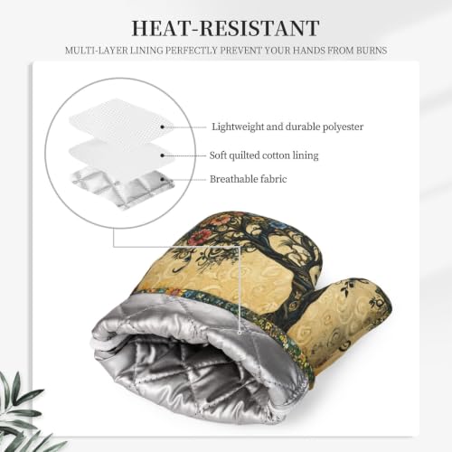 Oven Mitts Pot Holders Set Whimsical Flower Tree Silicone Kitchen Gloves Potholders Heat Resistant for Chef Baking Cooking Grilling BBQ 4 Pack Mitt (A0615)
