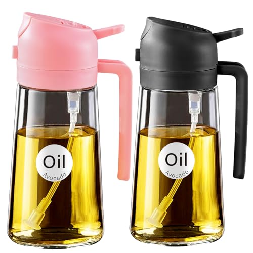 2Pcs 16oz 470ml Glass Olive Oil Sprayer for Cooking with Stickers (2Pcs Black & Pink)
