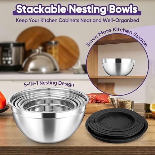 5 Piece Mixing Bowls with Airtight Lids (Black / 4.6, 3.5, 2.5, 2, 1.5QT)