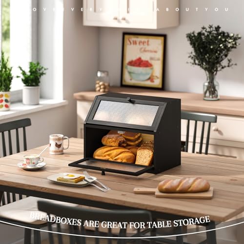 Bread Box for Kitchen Countertop Bin Double Layer Bread Box Storage Container Extra Large Capacity Farmhouse with Diamond Pattern Windows (Black / Large)