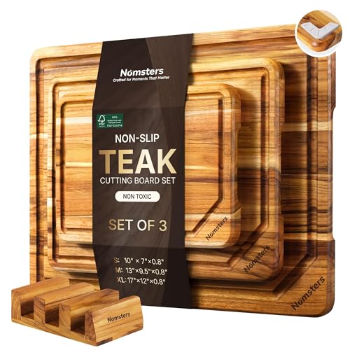 3 Pack Teak Wood Cutting Boards for Kitchen Wood Charcuterie Board Non Slip (Set of 3 with Holder)