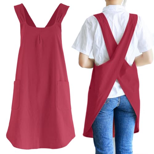 Japanese Cotton Linen Cross Back Cooking Apron for Women Men with Pockets Cute for Baking Kitchen
