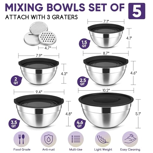 5 Piece Mixing Bowls with Airtight Lids (Black / 4.6, 3.5, 2.5, 2, 1.5QT)