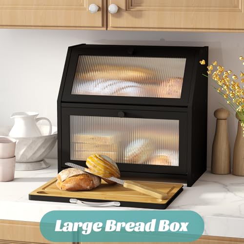 Extra Large Bread Box with Cutting Board Bamboo Wood Bread Box for Kitchen Counter (Black)