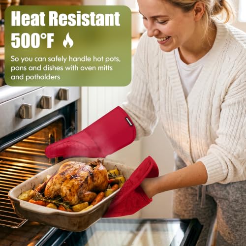 Silicone Oven Mitts and Pot Holders with Kitchen Towels and Dishcloths Sets (Red)