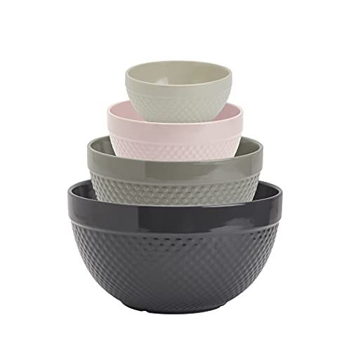 Tabletops Gallery Hobnail Style 4 Piece Stoneware Nesting Mixing Bowl Set for Baking and Cooking