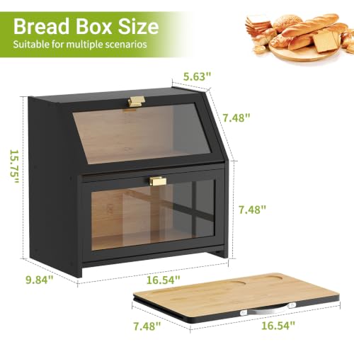 Bread Box with Cutting Board for Kitchen Countertop Corner Bread box Double Layer Bamboo Extra Large Capacity Bin Kitchen Food Storage Container (Black)