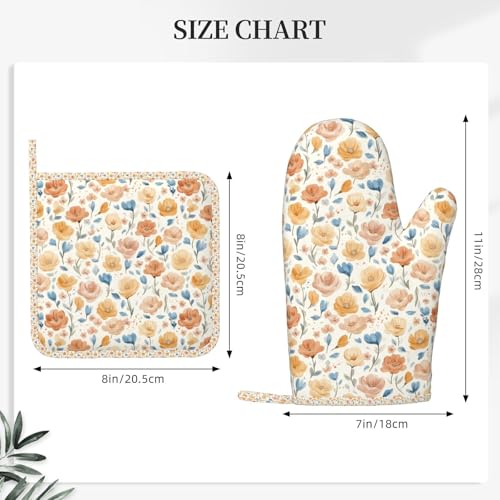 Oven Mitts Pot Holders Set Flower Pattern Vintage Silicone Kitchen Gloves Potholders Heat Resistant for Chef Baking Cooking Grilling BBQ 4 Pack Mitt (B0111)