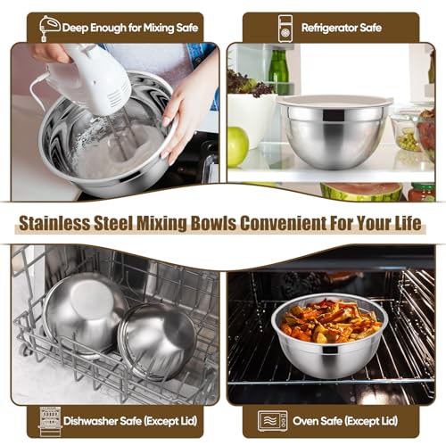 Metal Mixing Bowls with Lids Set (Khaki / Airtight Lids)