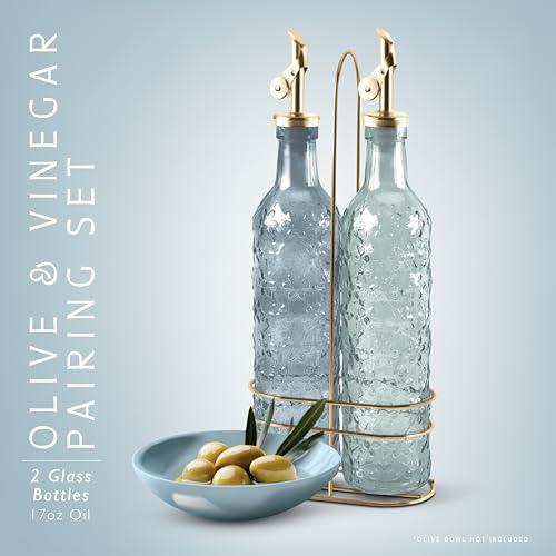 Glass Olive Oil Bottle Dispenser (Floral / Blue)