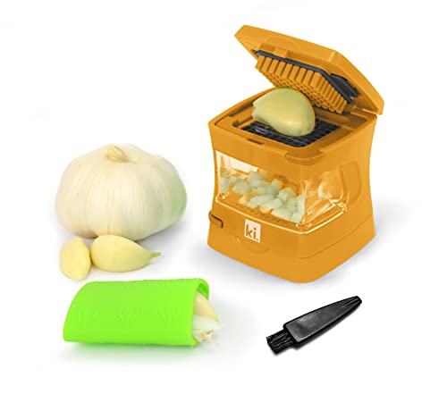 Garlic-A-Peel Garlic Press, Crusher, Cutter, Mincer, and Storage Container - Includes Silicone Garlic Peeler - Easy to Clean - Stainless Steel Blades – standard