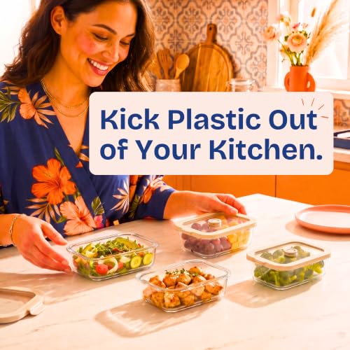 Non Toxic Glass Food Containers with Lids (Beige / 21 Oz)