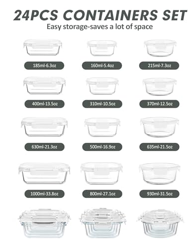 12 Packs Glass Food Storage Containers Set with Lids (White / 24 Pieces)