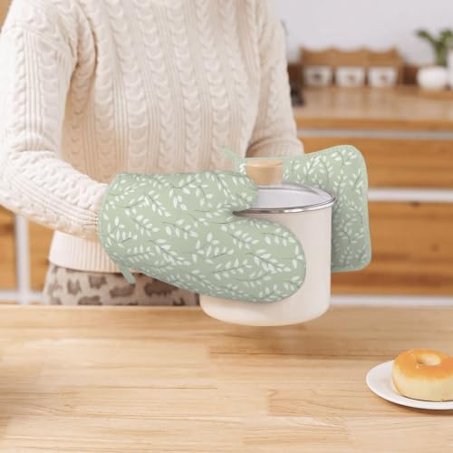 Oven Mitts and Pot Holders Set Sage Green Botanical Leaf Silicone Kitchen Accessories 4 Piece Heat Resistant Long Gloves Potholder Non (C12)