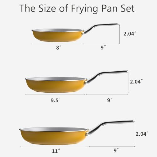 3 Piece Yelllow Ceramic Nonstick Frying Pan Set (Yellow)