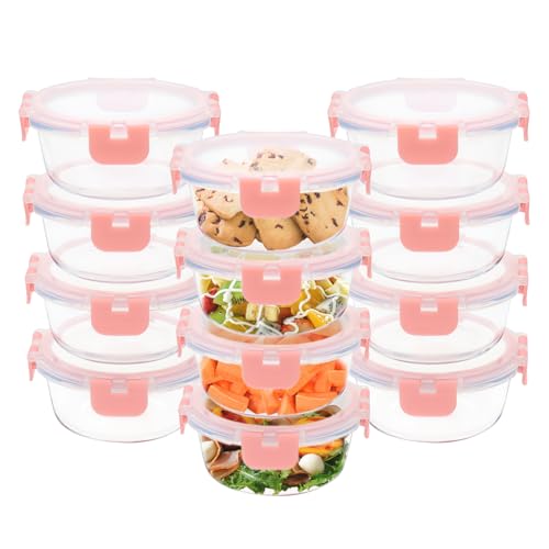 12pack 13oz Small Glass Food Storage Containers with Lids (13oz, 12 Pack - Pink Set, Same Size)