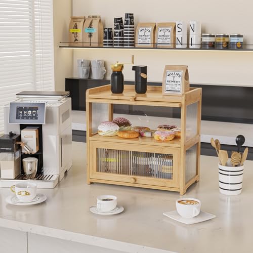 Extra Large Bamboo Bread Box for Kitchen Counter (Natural-Flip Doors)