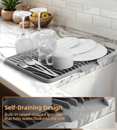 Silicone Dish Drying Mat with Raised Drain Lip