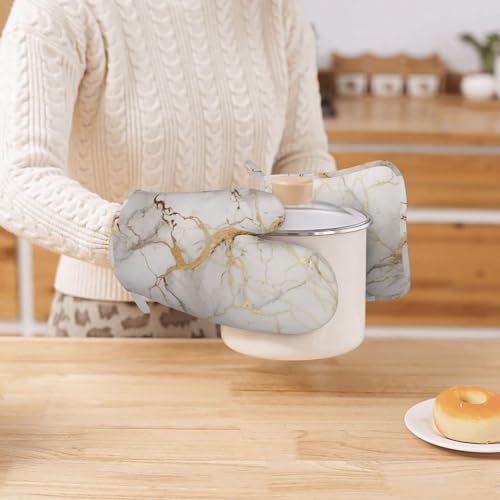 Oven Mitts and Pot Holders Marble Gray Gold White Silicone Kitchen Accessories Set of 4 Heat Resistant Long Gloves Potholder Non (A063211)