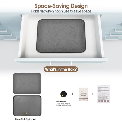 Stone Dish Drying Mat with Silicone Sleeve (Grey- Honeycomb Pattern / 15.7" x 11.8")