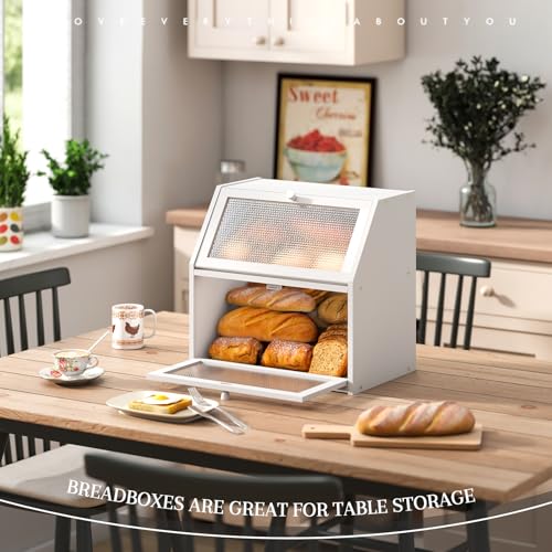 Bread Box for Kitchen Countertop Bin Double Layer Bread Box Storage Container Extra Large Capacity with Diamond Pattern Windows (White / Extra Large)