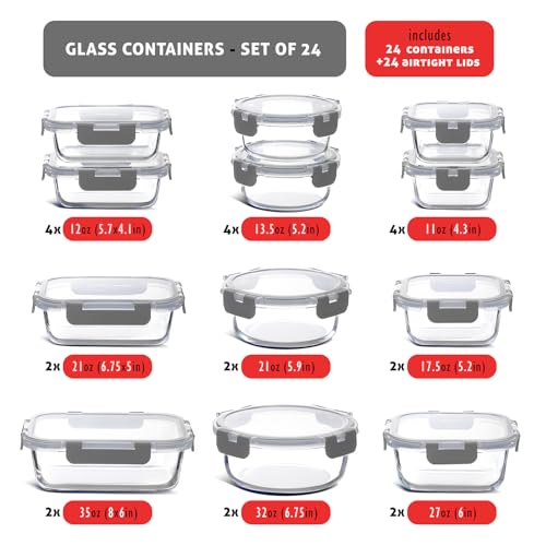 48pc Glass Storage Containers with Lids (Gray / 24 Pack)