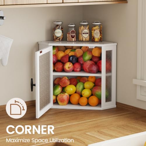 Corner Bread Box for Kitchen Countertop Double Layer Bamboo Wood Large Capacity Bread Storage Container Retro Vintage Farmhouse (White / Medium)