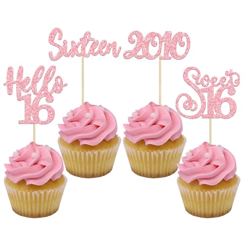 24Pcs Happy 16th Birthday Cupcake Toppers Glitter Hello 16 Sweet 16 Cupcake Picks 2006 Sixteen Old Birthday Cake Decorations for 16th Birthday Anniversary Party Supplies Black