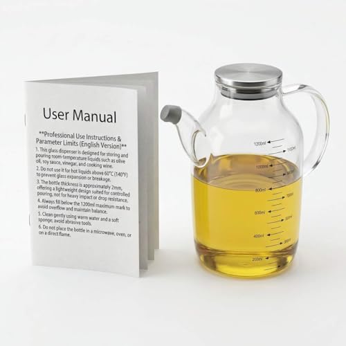 1200ML 40Oz Large Glass Cooking Oil Bottle with Stainless Steel Lid