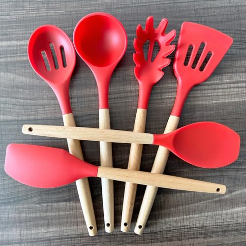 Kitchen Cooking Utensils Set 6Pcs Heat Resistant Silicone Kitchen Utensils Spatula Spoon Turner Ladle w Wooden Handle (Standard 6-Piece Set / Red)