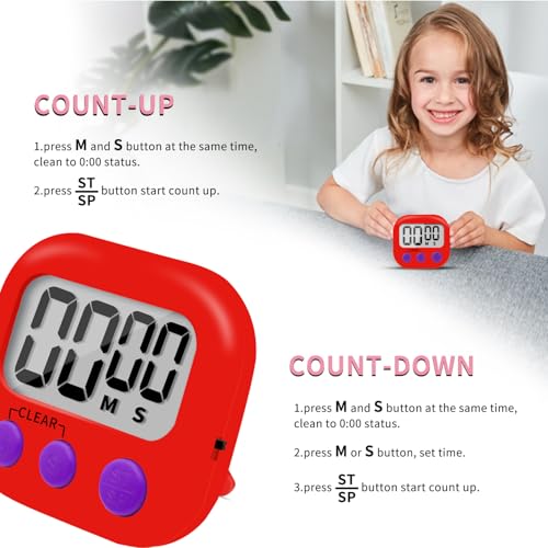 6 Pack Small Digital Kitchen Timer Magnetic Back and ON (Red)