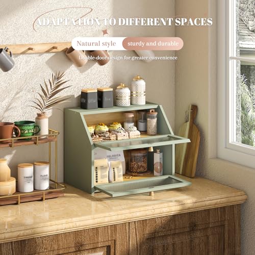 Bread Box for Kitchen Countertop Bin Double Layer Bread Box Storage Container Extra Large Capacity Farmhouse with Diamond Pattern Windows (Green / Large)