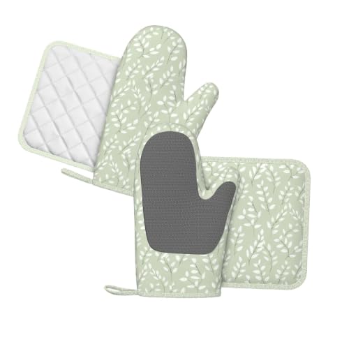 Oven Mitts and Pot Holders Set Sage Green Botanical Leaf Silicone Kitchen Accessories 4 Piece Heat Resistant Long Gloves Potholder Non (C12)
