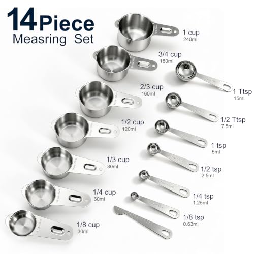 14-Piece 18/8 Stainless Steel Measuring Cups and Spoons Set, Silver (Silver / Set of 14)