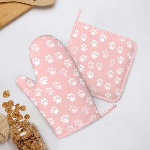 Oven Mitts and Pot Holders Pastel Pink Dog Paw Pattern Silicone Kitchen Accessories Set of 4 Heat Resistant Long Gloves Potholder Non (A063224)