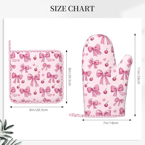 Oven Mitts Pot Holders Set Pink Bow Pattern Cherry Silicone Kitchen Gloves Potholders Heat Resistant for Chef Baking Cooking Grilling BBQ 4 Pack Mitt (B021)