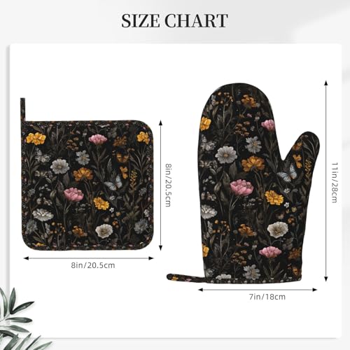 Oven Mitts and Pot Holders Flower Butterfly Boho Botanical Silicone Kitchen Accessories Set of 4 Heat Resistant Long Gloves Potholder Non (A063223)