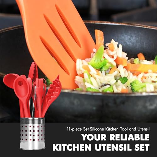 Premium Silicone Kitchen Tool and Utensil Set (11 Piece Set / Red)
