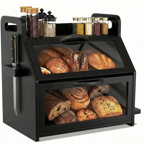Bread Box for Kitchen Countertop (L-Black)