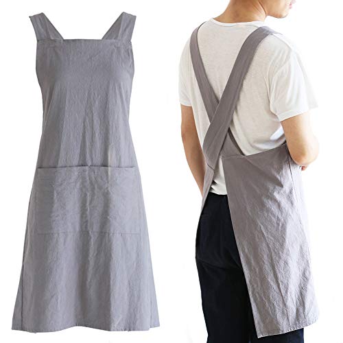 Japanese Cotton Linen Cross Back Cooking Apron for Women Men with Pockets Cute for Baking Kitchen