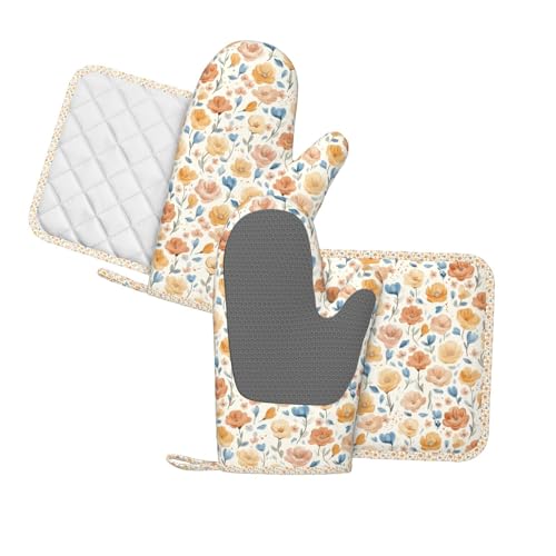 Oven Mitts Pot Holders Set Flower Pattern Vintage Silicone Kitchen Gloves Potholders Heat Resistant for Chef Baking Cooking Grilling BBQ 4 Pack Mitt (B0111)