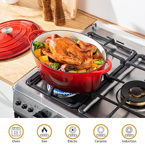 7.5 QT Oval Enameled Cast Iron Dutch Oven Pot with Lid (Red / 7.5QT-Oval)
