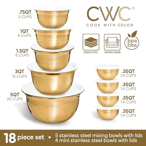 18 Piece Mixing Bowls Set with Airtight Lids (Gold - Hammered)