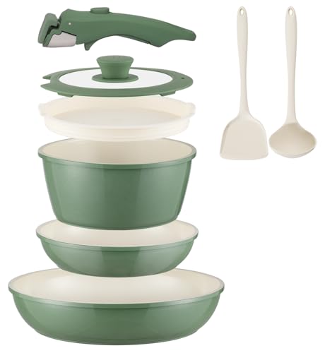 Ceramic Cookware Set Non Stick Pots and Pans Set Detachable Handle Induction Kitchen Cooking Set with Frying Pans Oven Dishwasher Safe