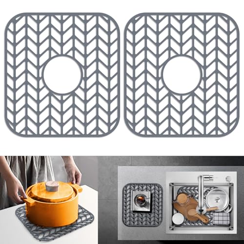 Sink Protectors for Kitchen Sink 12"x11"Silicone Sink mat 2pcs (12"x11" x2 Center / Gray)