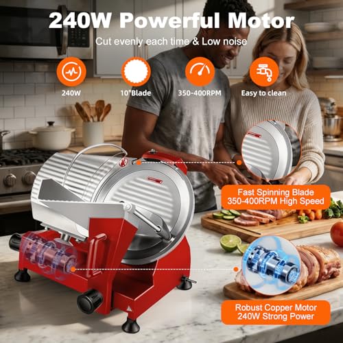 Electric Meat Slicer 10 inch 240W Commercial Deli Food Slicer (Red-10IN-240W)
