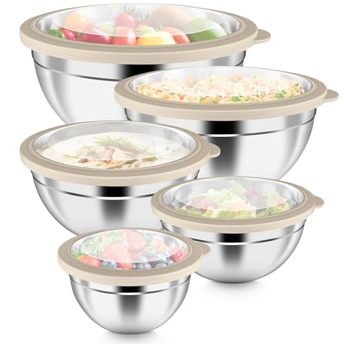 Metal Mixing Bowls with Lids Set (Khaki / Visible Airtight Lids)