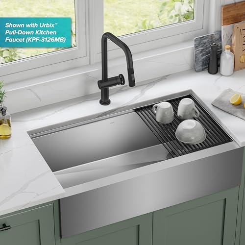 Kore 36 Inch Modern Farmhouse Workstation 16 Gauge Single Bowl Stainless Steel Kitchen Sink with Accessories (36 Inch / Flat Farmhouse / Stainless Steel)