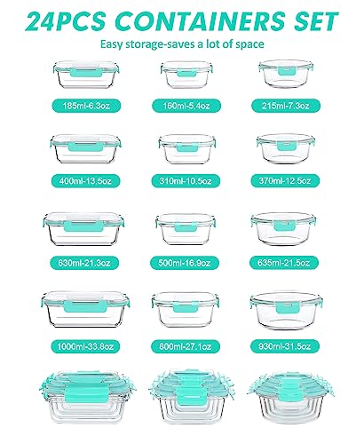12 Packs Glass Food Storage Containers Set with Lids (Green / 24 Pieces)