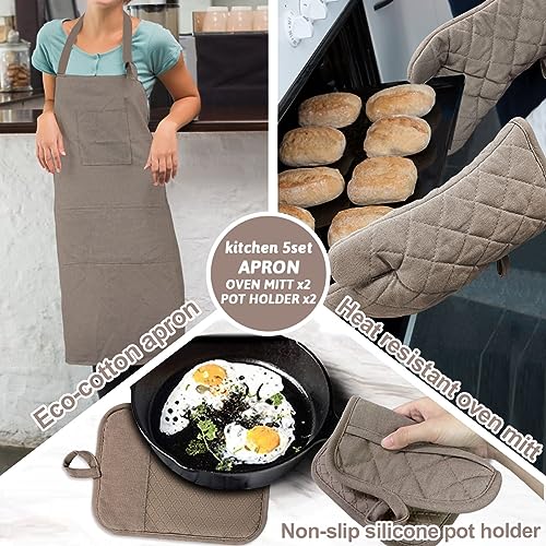 Oven Mitts and Pot Holders with Cooking Apron Set of 5 (Coffee)